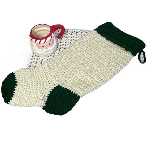 Hand Crafted Other - Handmade Crochet Christmas Stocking Cream Green Chunky Knit 2 Skein Christmas